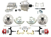 DBK6769DLXR-GM-311  - 1967-1969 F Body 1968-1974 X Body Front Power 2" Drop Disc Brake Conversion Kit Drilled & Slotted & Powder Coated Red Calipers Rotors w/ 8" Dual Chrome Booster Kit