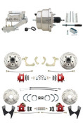 DBK55581012FSLXR-GMFS1-329  - 1955-1958 GM Full Size Front & Rear Power Disc Brake Kit Red Powder Coated Calipers Drilled/Slotted Rotors (Impala, Bel Air, Biscayne) & 8" Dual Chrome Booster Conversion Kit w/ Flat Top Chrome Master Cylinder Left Mount
