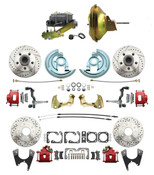 DBK64721012LXR-GM-219  - 1964-1972 GM A Body Front & Rear Power Disc Brake Conversion Kit Drilled & Slotted & Powder Coated Red Calipers Rotors w/ 11" Delco Stamped Booster Kit