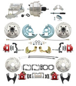 DBK64721012LXR-GM-328  - 1964-1972 GM A Body Front & Rear Power Disc Brake Conversion Kit Drilled & Slotted & Powder Coated Red Calipers Rotors w/8" Dual Chrome Flat Top Booster Kit