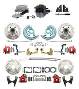 DBK64721012LXR-GM-735  - 1964-1972 GM A Body Front & Rear Power Disc Brake Conversion Kit Drilled & Slotted & Powder Coated Red Calipers Rotors 9" Dual Powder Coated Black Booster Kit