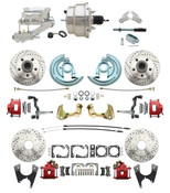 DBK67691012SLXR-GM-328  - 1968-1969 Camaro/ Firebird & 1968-1974 Chevy Nova Front & Rear Power Disc Brake Conversion Kit Drilled & Slotted & Powder Coated Red Calipers Rotors w/8" Dual Chrome Flat Top Booster Kit