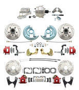 DBK67691012SLXR-GM-330  - 1967-1969 Camaro/ Firebird & 1968-1974 Chevy Nova Front & Rear Power Disc Brake Conversion Kit Drilled & Slotted & Powder Coated Red Calipers Rotors w/ 8" Dual Chrome Booster Kit