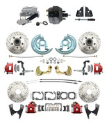 DBK67691012SLXR-GM-735  - 1967-1969 Camaro/ Firebird & 1968-1974 Chevy Nova Front & Rear Power Disc Brake Conversion Kit Drilled & Slotted & Powder Coated Red Calipers Rotors 9" Dual Powder Coated Black Booster Kit