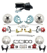 DBK67691012SLXR-GM-415  - 1967-1969 Camaro/ Firebird & 1968-1974 Chevy Nova Front & Rear Power Disc Brake Conversion Kit Drilled & Slotted & Powder Coated Red Calipers Rotors w/  8" Dual Powder Coated Black Booster Kit