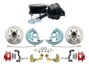 DBK6472LXR-GM-401 - 1964-1972 GM A Body Front Power Disc Brake Conversion Kit Drilled & Slotted Rotors Red Powder Coated Calipers w/ 8" Dual  Booster Kit