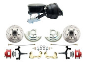 DBK6472DLXR-GM-401 - 1964-1972 GM A Body Front Power 2" Drop Disc Brake Conversion Kit Drilled & Slotted Rotors Red Powder Coated Calipers w/ 8" Dual Booster Kit & Tandem Master Cylinder
