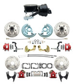 DBK64721012LXR-GMA-584  - 1964-1972 GM A Body Front & Rear Power Disc Brake Conversion Kit Drilled & Slotted & Powder Coated Red Calipers Rotors w/  8" Dual Powder Coated Black Adjustable Booster Kit