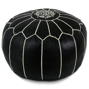 Moroccan Leather Pouf in Black and White