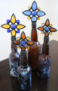  Vintage Crystal Cross Bottles in Blue, Gold and Amber Crystals - set of four