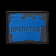 Lathe Operator Patch: charcoal background, blue artwork, black border