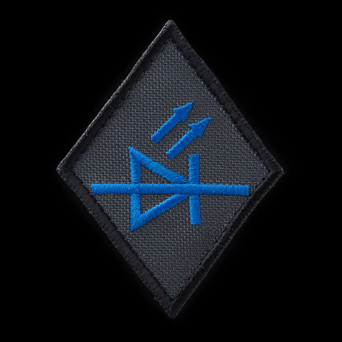 LED Specialist Patch: charcoal background, blue artwork, black border