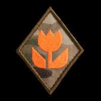 Macro Specialist Patch, MultiCam background, neon orange artwork, coyote brown border