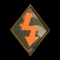 Macro Specialist Patch, MultiCam background, neon orange artwork, coyote brown border