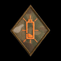 Low Battery Specialist Patch: MultiCam background, neon orange artwork, coyote brown border