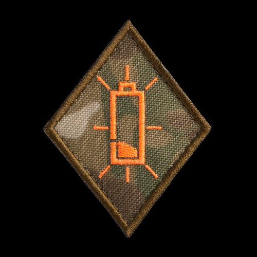 Low Battery Specialist Patch: MultiCam background, neon orange artwork, coyote brown border