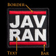 Javran-D.M.C. patch: black border and background, white text, red bars