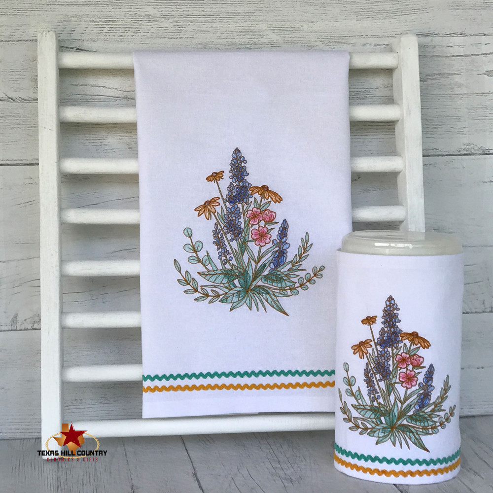 Spring Flowers Embroidered on White Cotton Kitchen Towel, Made in the USA -  Texas Hill Country Ceramics