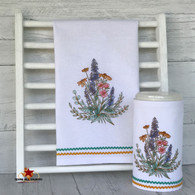 Cotton dish towel and large sanitary wipe cover set with embroidered wildflowers of Texas.