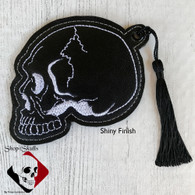 Creepy Skull Bookmark Page Holder Black Vegan Leather, Matte or Gloss Finish Detailed Embroidery Fiber Art for Rearview Mirror or Shade Pull