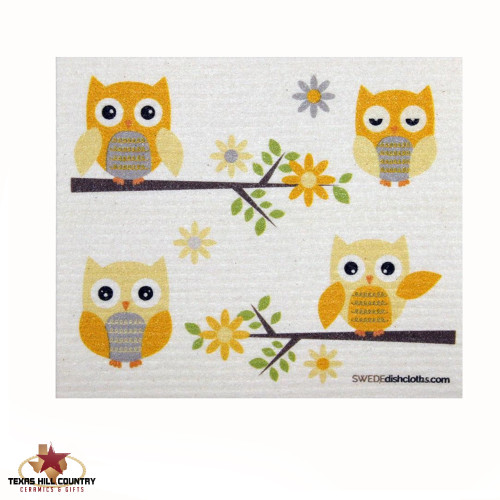 Owls in Branches Design Swedish Dishcloth.
