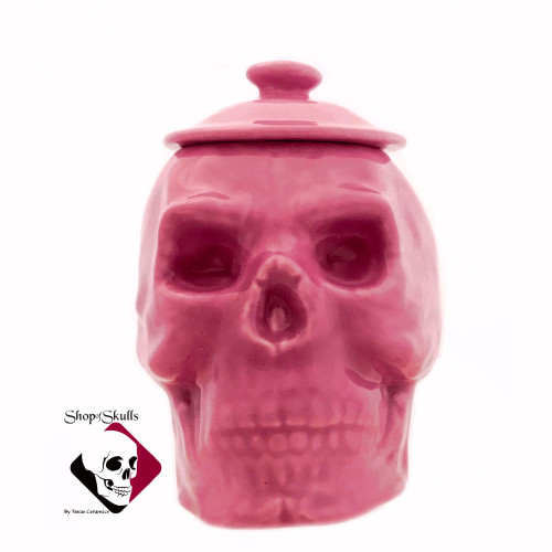 Bright pink skull sugar bowl with lid.