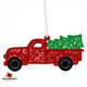 Red pickup truck with green tree ornament.