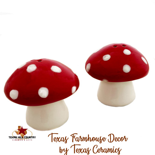 Mushroom salt and pepper shakers with red cap white dots.