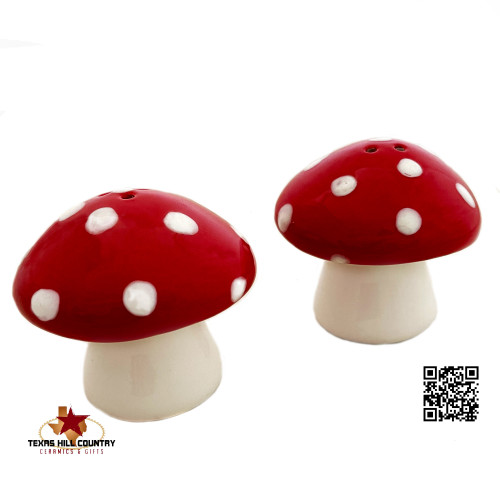 Ceramic mushroom salt and pepper shakers with red caps white spots, Made in Texas.