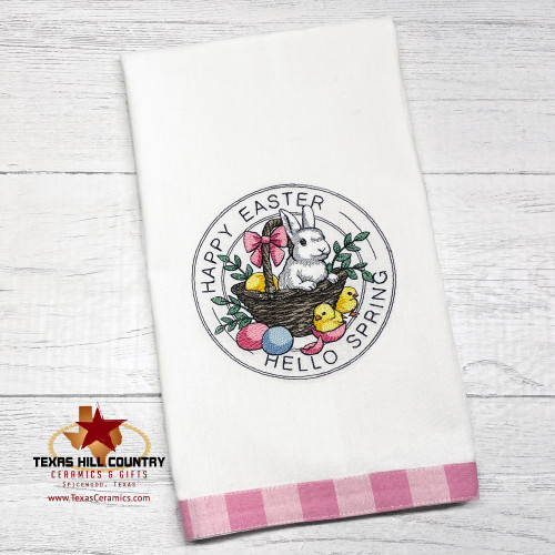 Happy Easter, Hello Spring white cotton towel Made in the USA.