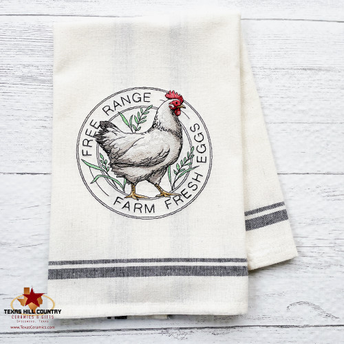 Classic Free Range Chicken Farm Fresh Eggs Stamp Embroidery Design on Natural Cotton Tea Towel with Black Trim - Made in the USA