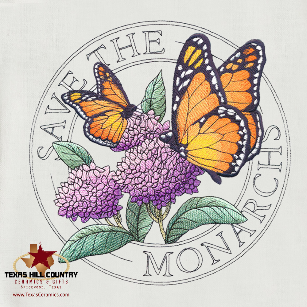 Save the Monarchs Stamp Embroidery Design on Natural Cotton Tea