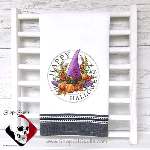Happy Halloween Stamp Purple Witches Hat with Pumpkins Fall Leaves and Foliage 