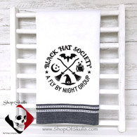 Decorate your witchy kitchen with the fun dish towel with a fun saying - Black Hat Society A Fly By Night Group.