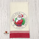 Natural woven Christmas season dish towel with Santa Stamp embroidery design, made in the USA.