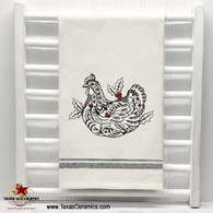 Christmas Hen Doodle Embroidery design on natural cotton towel with black trim.