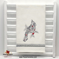 Christmas Cardinal Doodle Embroidery design stitched in black and red on a natural cotton towel with black trim.
