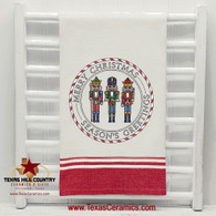 Nutcracker Merry Christmas Seasons Greetings Stamp Design on Large Cotton Towel Red Trim Nostalgic Christmas Designs for Kitchen Decor Made in the USA