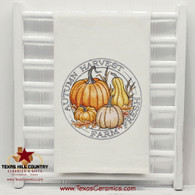 Autumn Harvest Farm Fresh Stamp fall embroidery design on natural cotton towel.