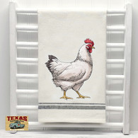 Farmhouse Chicken Embroidery Design on Natural Cotton Tea Towel with Black Trim - Made in the USA
