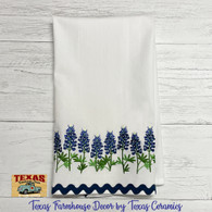 Texas Bluebonnet border embroidery on white cotton towel, made in Texas.