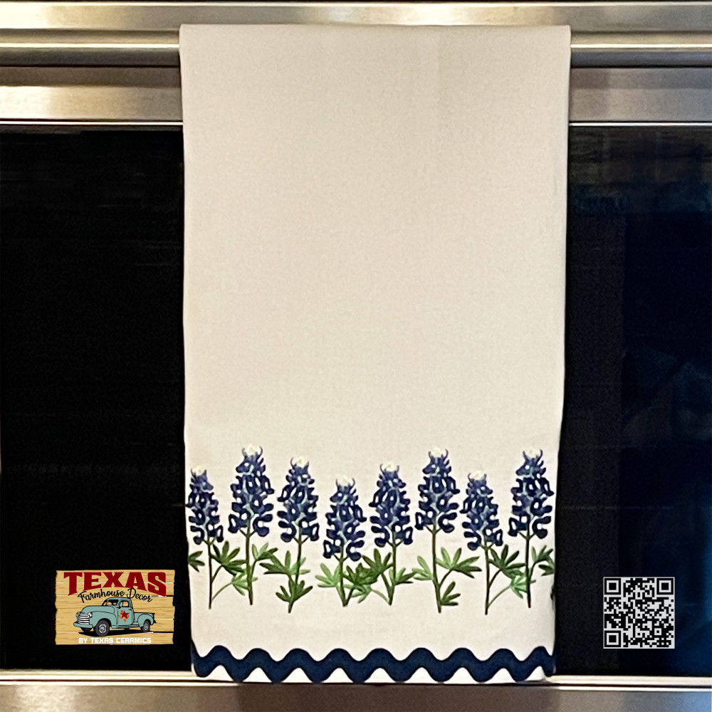 Texas Bluebonnet Wildflower Border Embroidery on Oversized Cotton