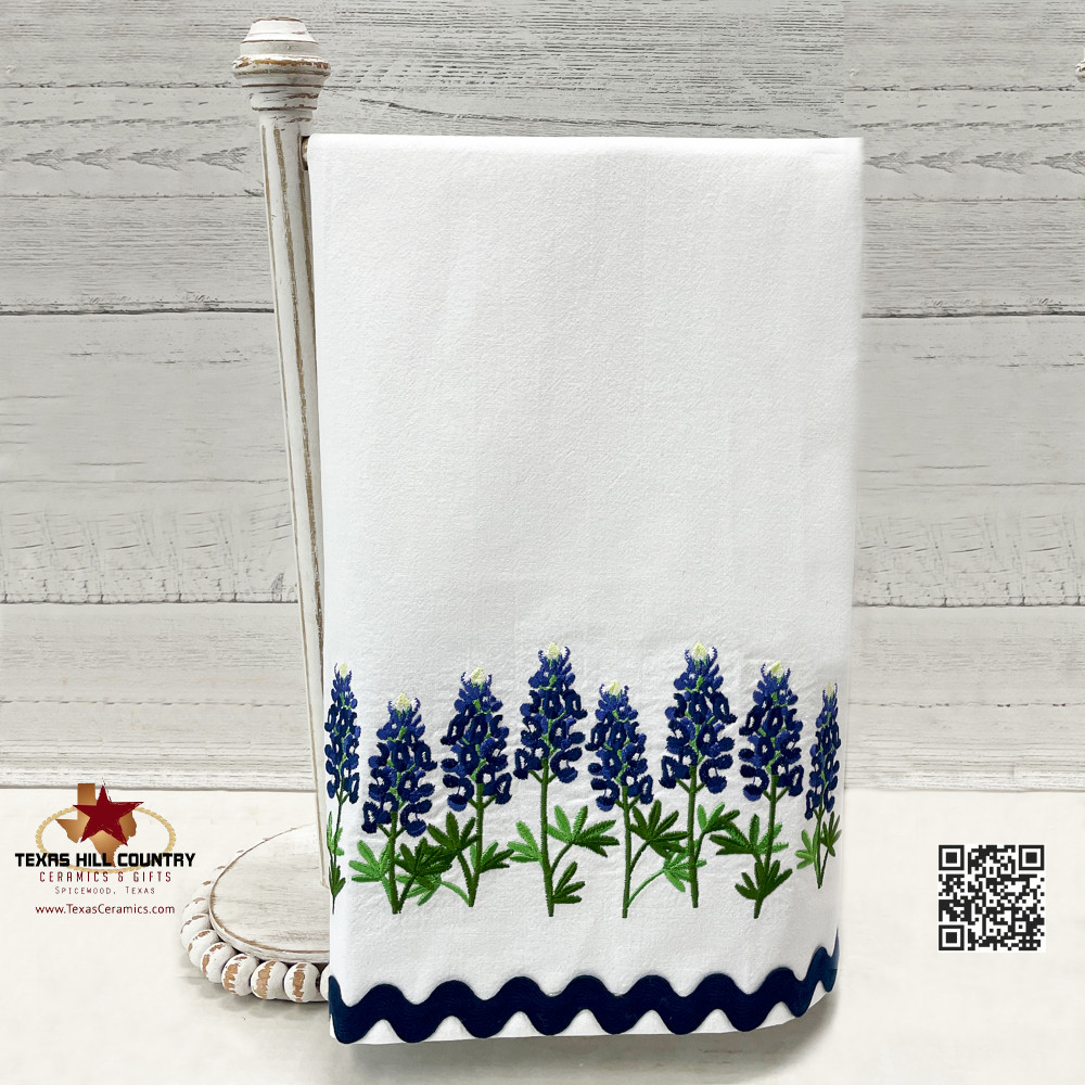 Texas Bluebonnet Wildflower Border Embroidery on Oversized Cotton