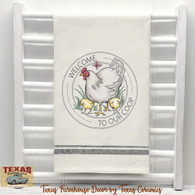Welcome to Our Coup Chicken Stamp Embroidery Design on Natural Cotton Tea Towel with Black Trim - Made in the USA