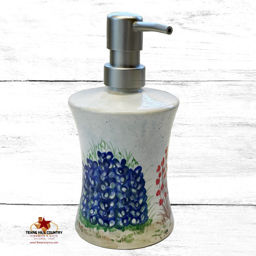 Hourglass style soap dispenser with hand painted Texas Bluebonnet wildflowers.