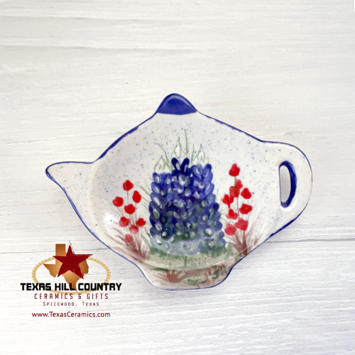 Ceramic teapot tea bag holder or small spoon rest with hand painted Texas Bluebonnet Wildflowers.