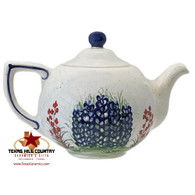 Farmhouse style teapot with hand painted Texas Bluebonnet wildflowers.