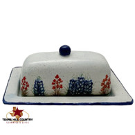 Rectangle Country style butter dish and with hand painted Texas Bluebonnet wildflowers, Texas serving ware.