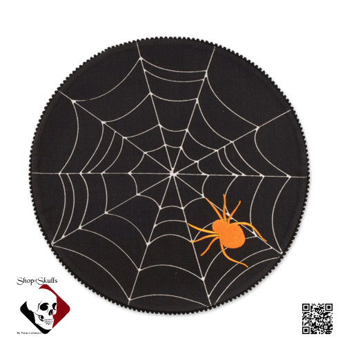 Round Placemat with cobweb and embroidered spider trimmed with black pom pom.