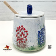 Honey pot and lid with wood dipper. Made in Texas.